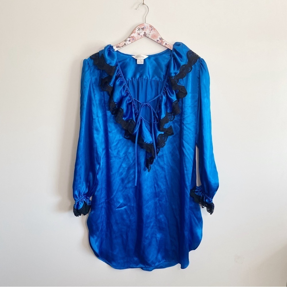 Vintage SABRINA By Mervyns Chemise Women's Small Long Sleeve Royal Blue Black
